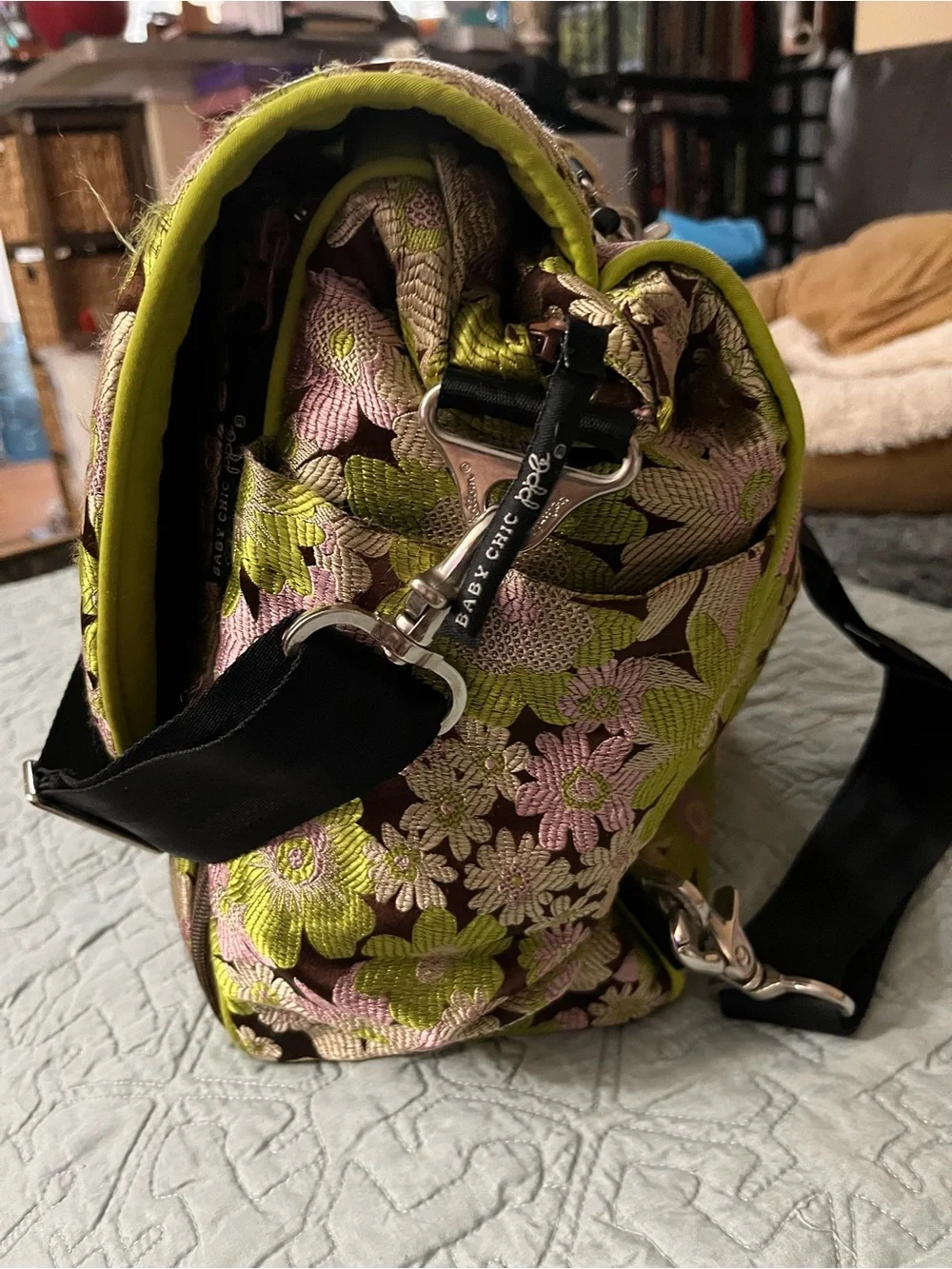 Petunia Pickle Bottom Floral Jacquard Baby Bag in Brown, Pink & Lime